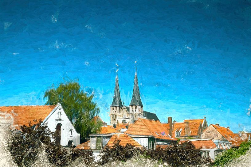 Painted skyline of Deventer with the Bergkerk church