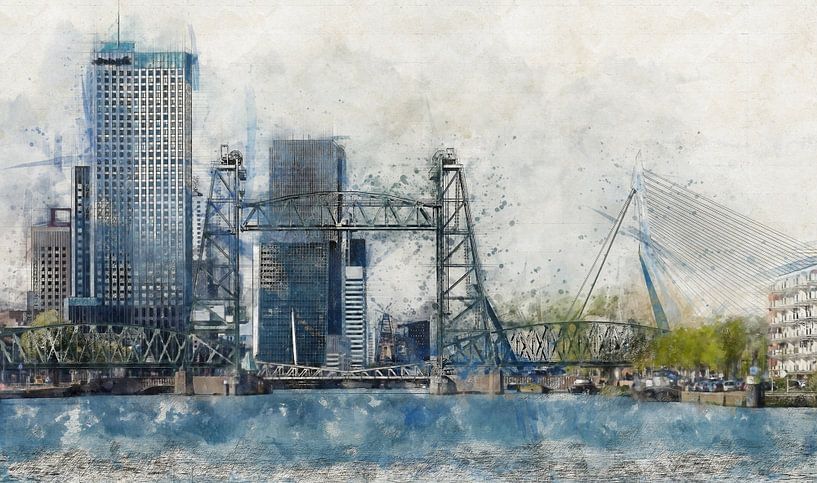 Watercolor with sketch of Rotterdam with De Hef