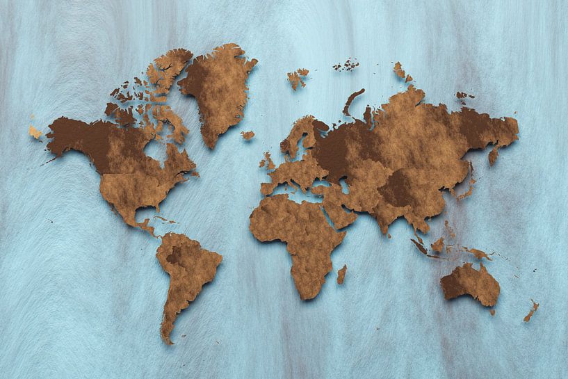 Floating brown world map on blue