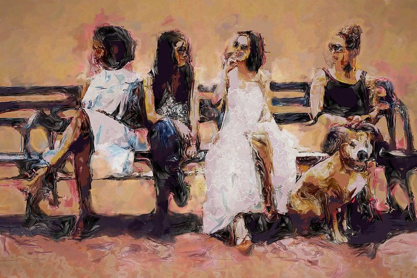 Four women and a dog on a beautiful summer day