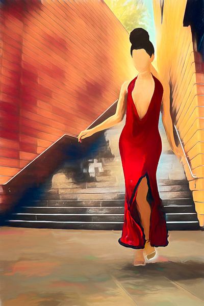 Red staircase dress