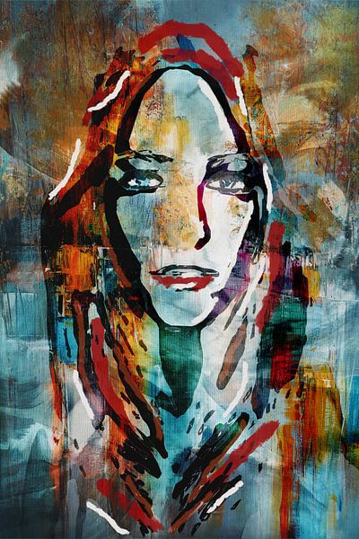 A colorful portrait of a young woman in mixed media