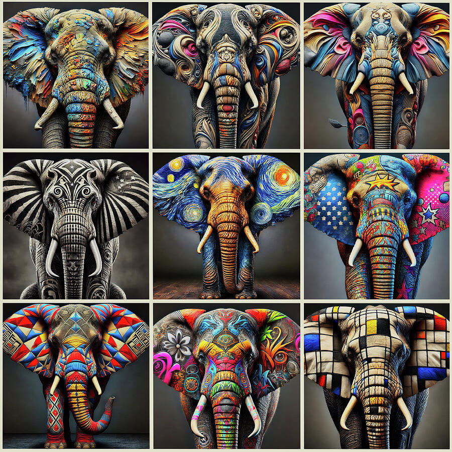 This vibrant artwork brings together nine artistic interpretations of the elephant, each styled with by Arjen Roos