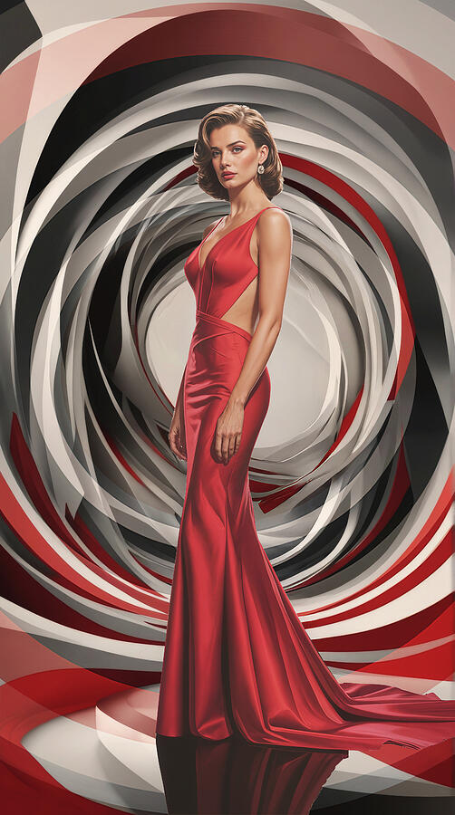 Lady in Red Surreal Fashion Portrait with Abstract Spiral by Arjen Roos