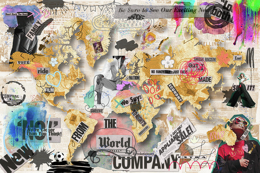 World Map in Mixed Media Pop Art by Arjen Roos