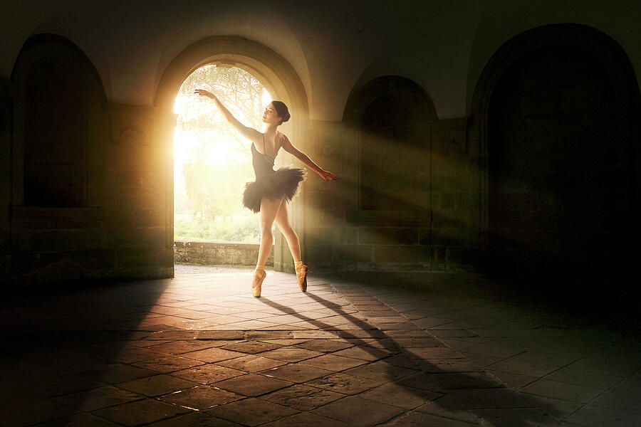 Elegant Ballet Dancer Performing in Golden Light by Arjen Roos