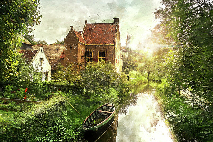 Historic Dutch Landscape Painting with Canal and House by Arjen Roos