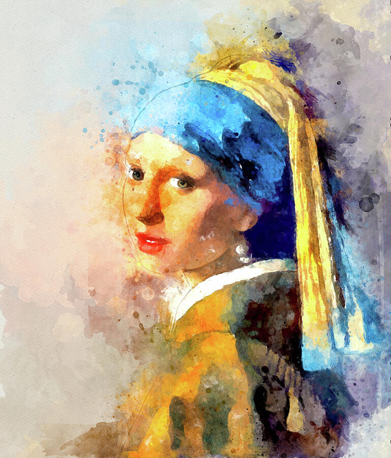 Girl with a Pearl Earring in Watercolor by Arjen Roos