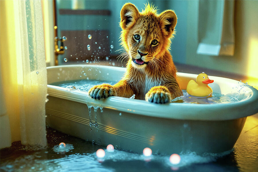 Bathtime Lion Cub by Arjen Roos