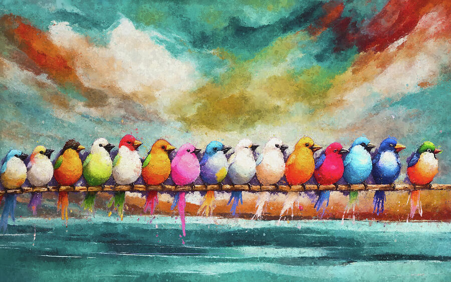 Colorful Birds on a Wire in Expressive Painting by Arjen Roos