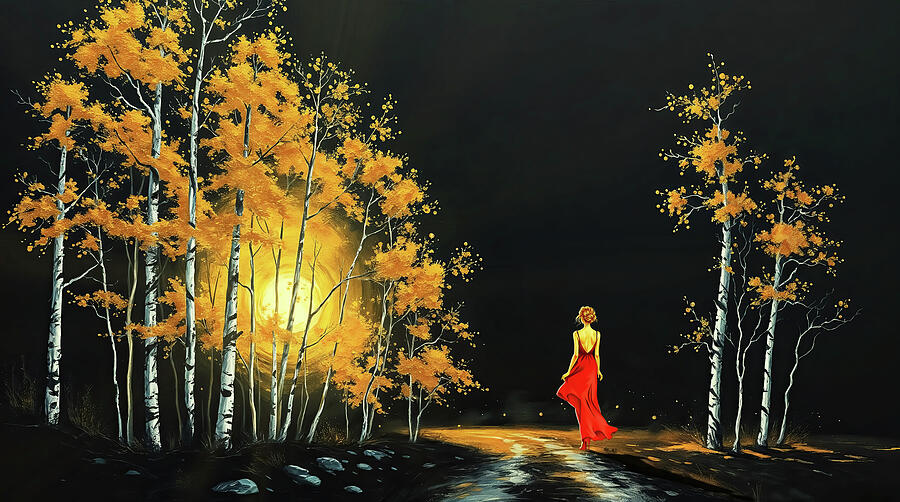 Woman in Red Dress under Glowing Birch Trees by Arjen Roos