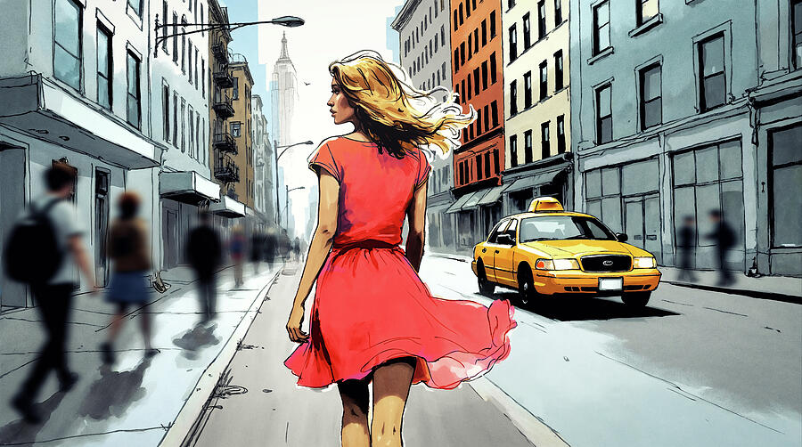 Woman in Red Dress with Yellow Taxi in New York Street by Arjen Roos