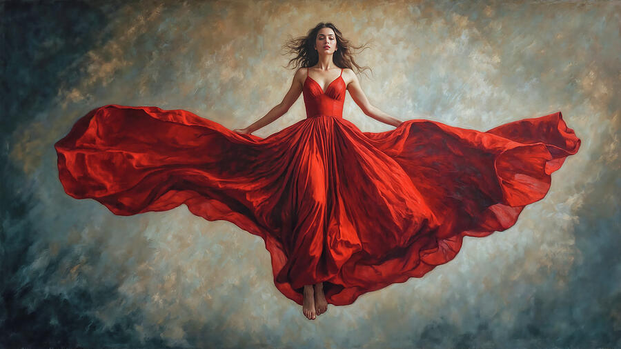 Ascension in Red Dramatic Woman Floating Dress by Arjen Roos