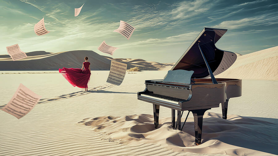 Piano in the Desert with Flying Sheet Music by Arjen Roos