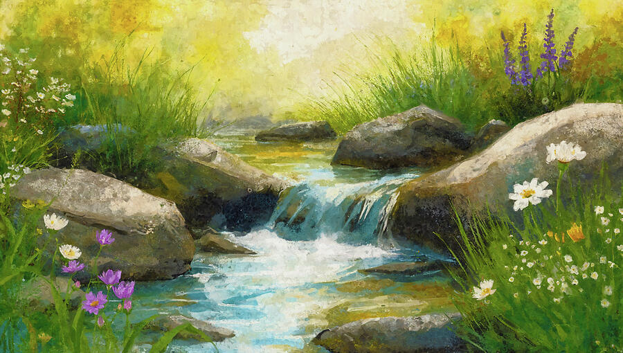 Peaceful Stream with Flowers and Waterfall Landscape Painting by Arjen Roos