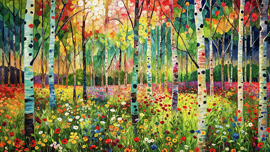 Birch Trees and Colorful Wildflowers by Arjen Roos