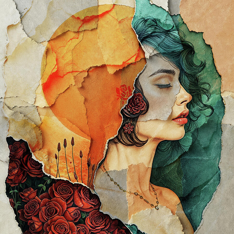 Layered Romantic Female Portrait with Roses in Mixed Media Style by Arjen Roos