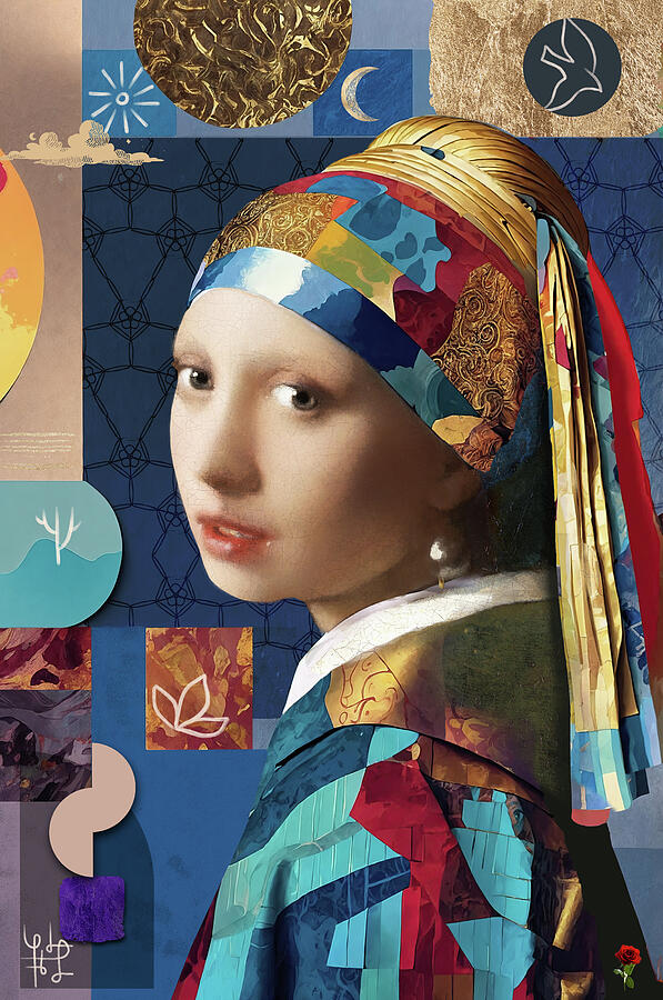 Girl with a Pearl Earring Modern Mixed Media Portrait by Arjen Roos