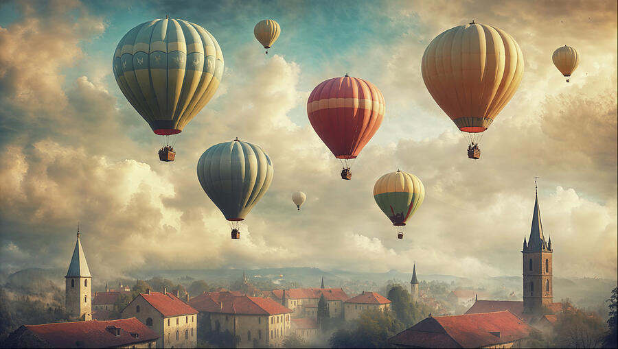Hot Air Balloons over Old European Village by Arjen Roos